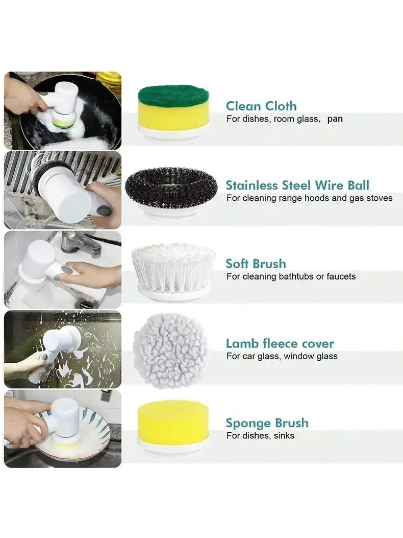 White electric spin scrubber cordless cleaning brush with 5 interchangeable heads for versatile surface cleaning