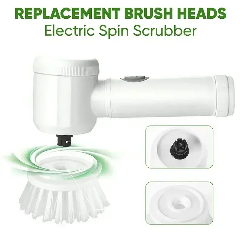 White plastic replacement brush head with dense bristles and black attachment for electric spin scrubber cleaning set