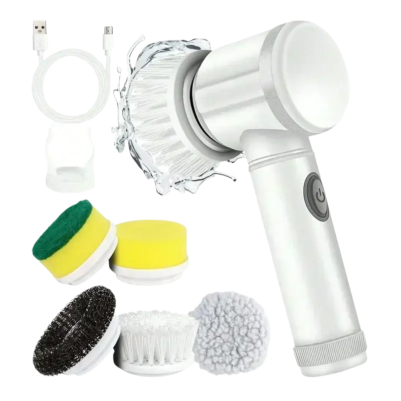 White usb-powered electric spin scrubber with interchangeable scrubbing heads for cordless cleaning use