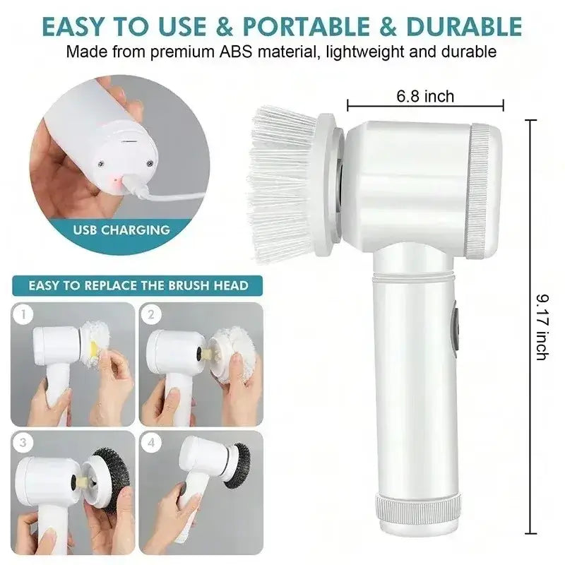 White electric spin scrubber with replaceable bristle heads made from premium abs material for electric cleaning