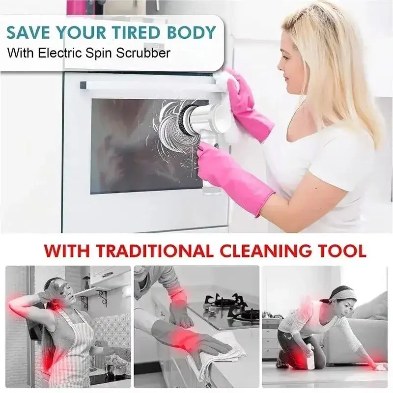 White electric spin scrubber with circular head cordless cleaning brush for efficient electric cleaning of appliances