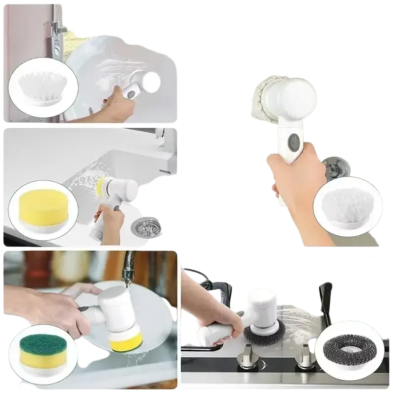 White electric spin scrubber with interchangeable cleaning heads cordless electric cleaning brush for multiple surfaces