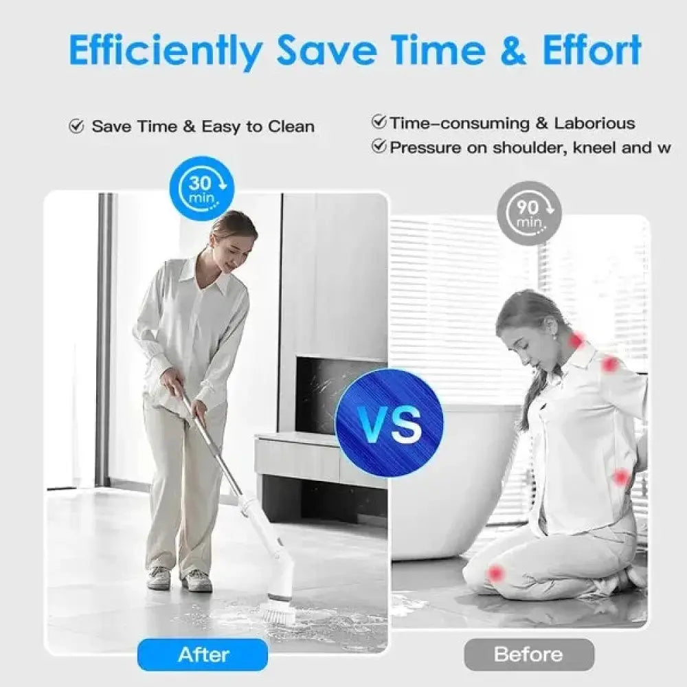 White cordless electric spin scrubber with sleek modern design and 6 replaceable heads for efficient cleaning