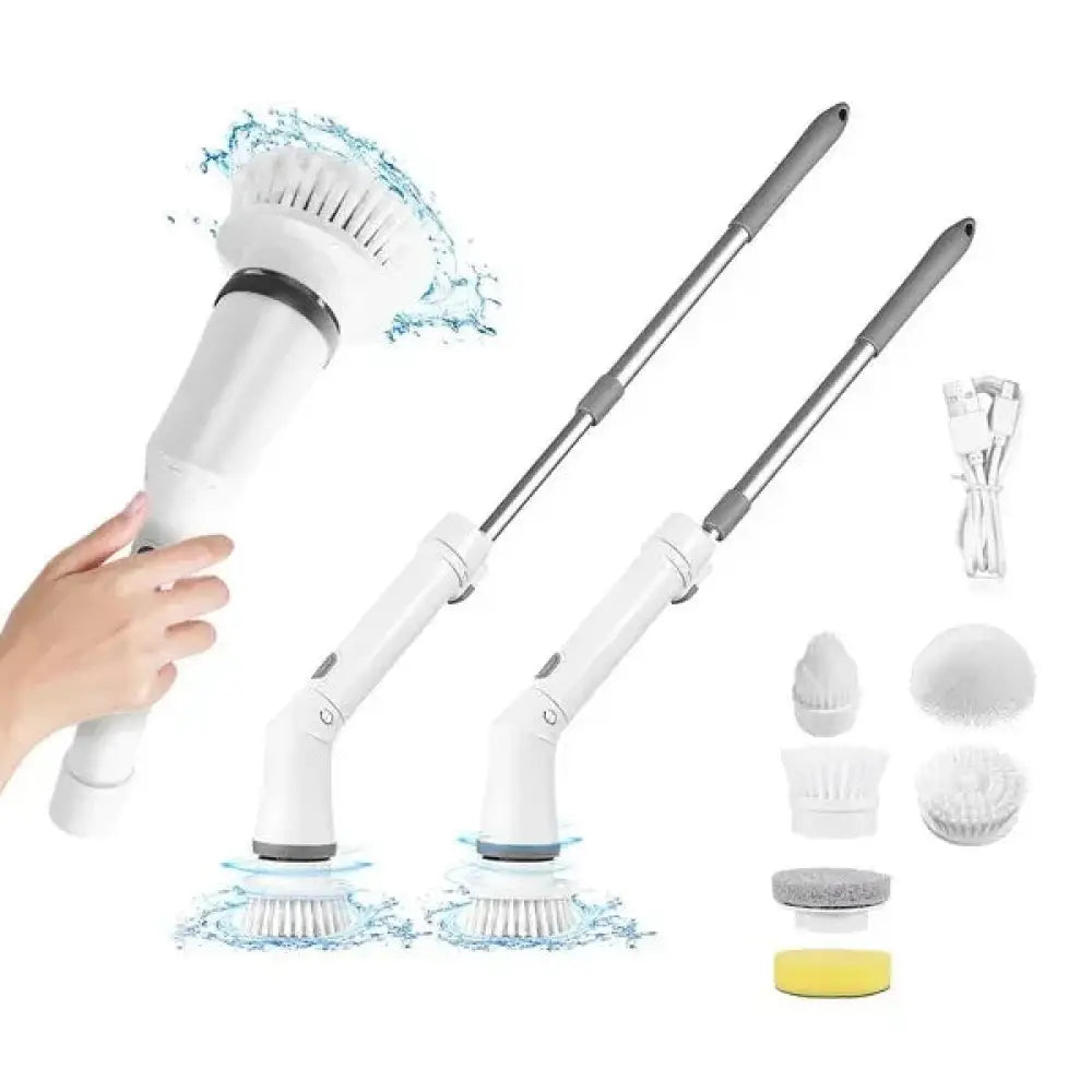 White cordless electric spin scrubber with extendable handle and six replaceable scrubbing heads for versatile cleaning