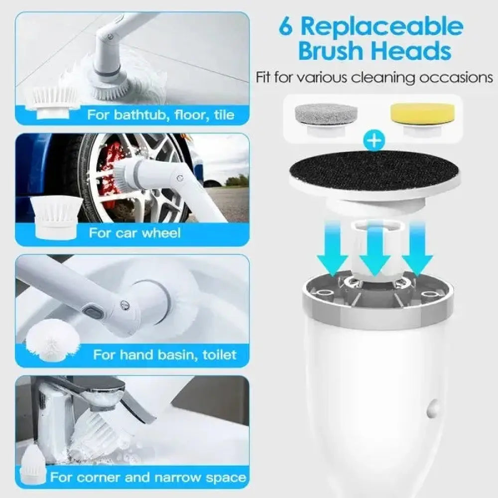 White cordless electric spin scrubber with six replaceable brush heads for cleaning various surfaces