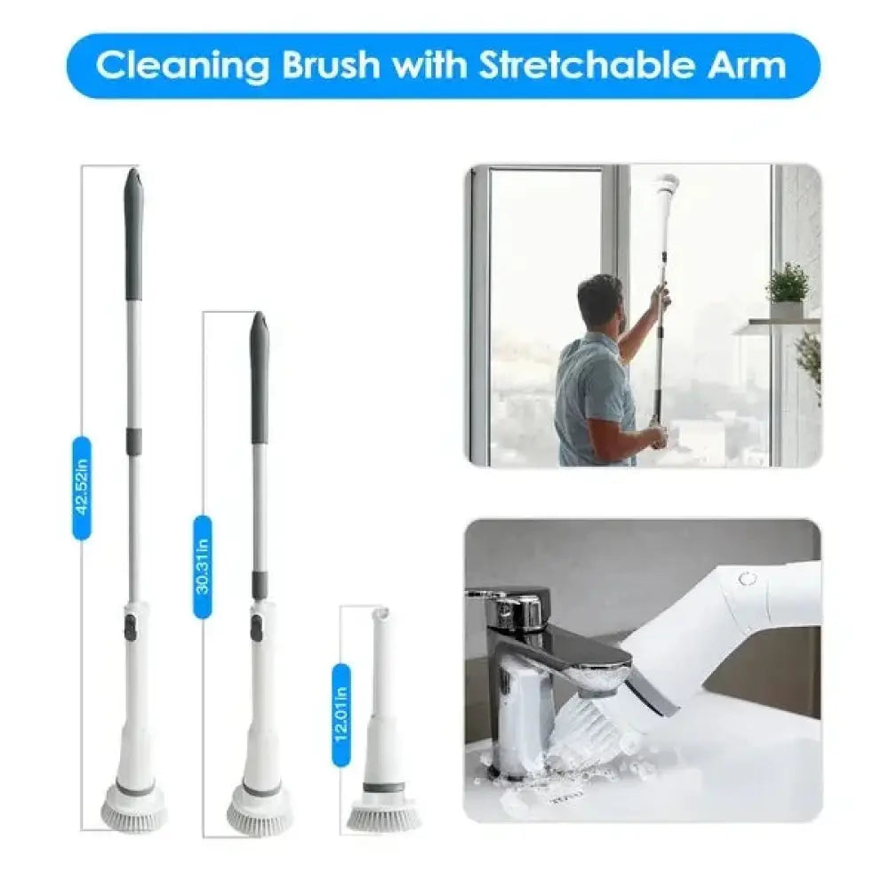 Cordless electric spin scrubber in white with gray accents and stretchable arm featuring multiple length options