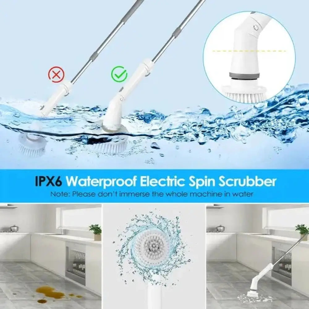 White cordless electric spin scrubber with flexible extendable handle and bristle head for cleaning kitchen countertops