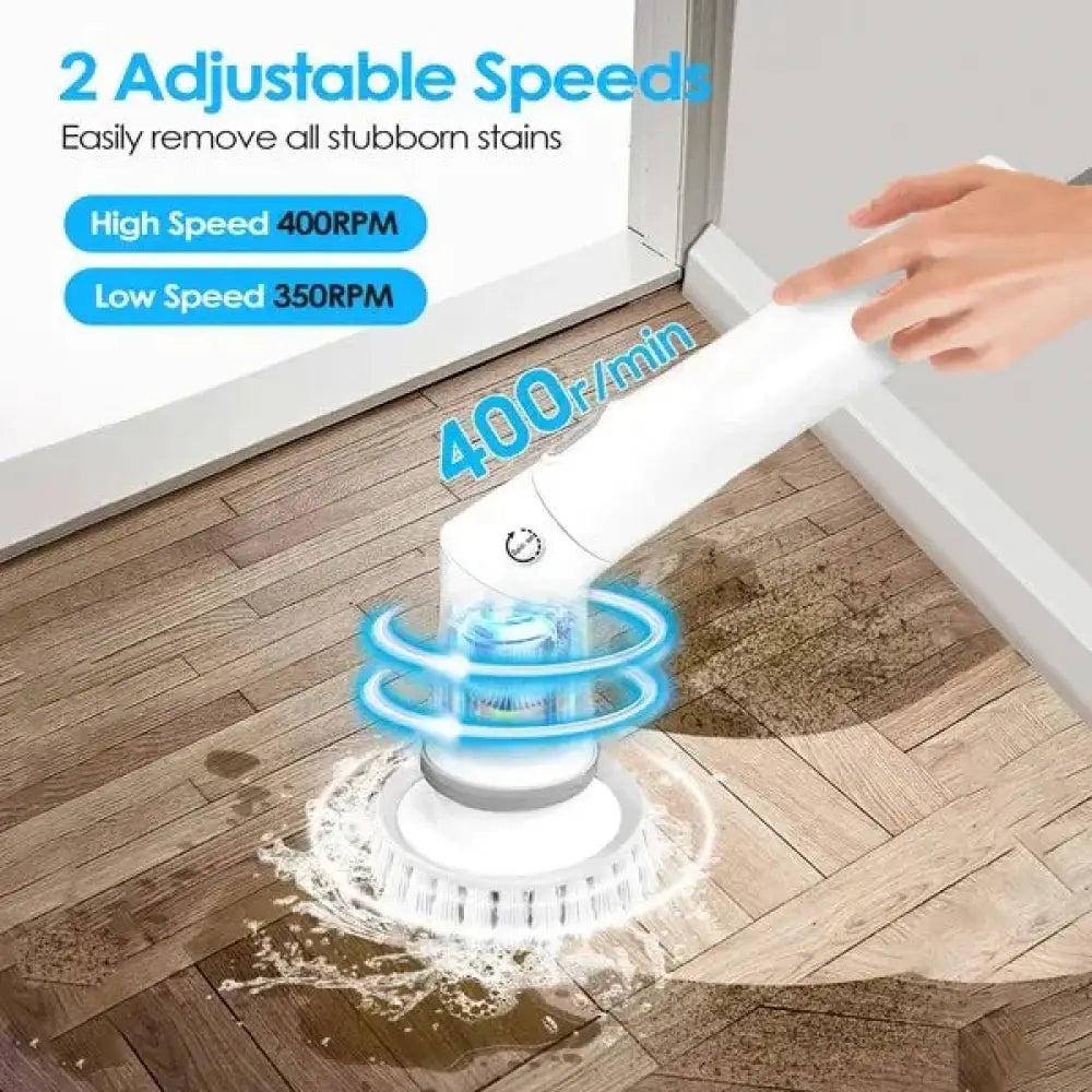 White cordless electric spin scrubber floor brush with adjustable speeds for scrubbing stubborn stains and 6 heads