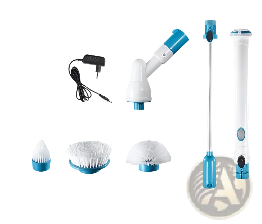 Blue and white electric spin scrubber brush set with multiple attachments for kitchen and bath cleaning tasks