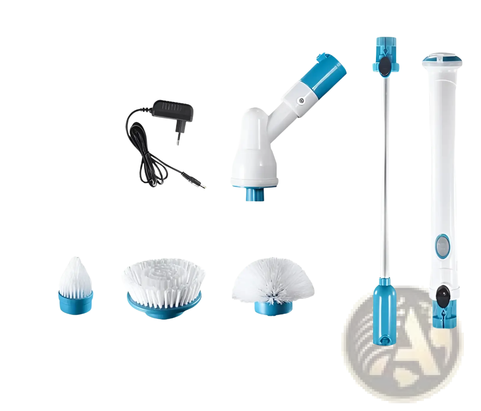 Blue and white electric spin scrubber brush set with multiple attachments for kitchen and bath cleaning tasks