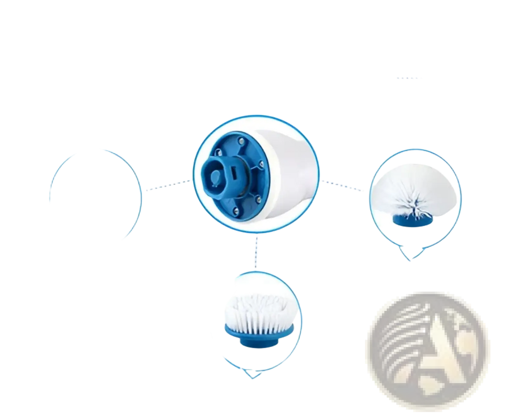 Electric spin scrubber kitchen and bath cleaning brush with blue and white circular soft bristle toothbrush head for gentle cleaning