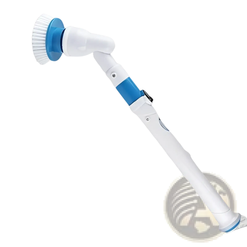 White and blue electric spin scrubber bath brush with flexible extendable handle for kitchen and bath cleaning tasks