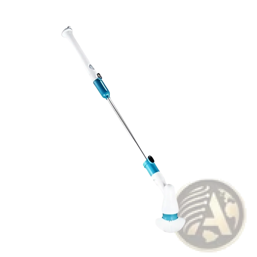 Blue and white electric spin scrubber with a long handle for kitchen and bath floor cleaning