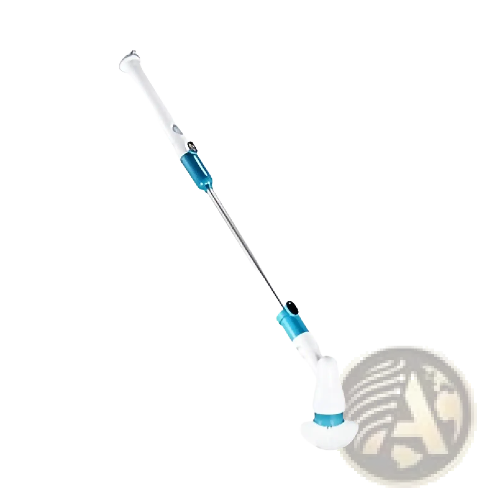 Blue and white electric spin scrubber with a long handle for kitchen and bath floor cleaning