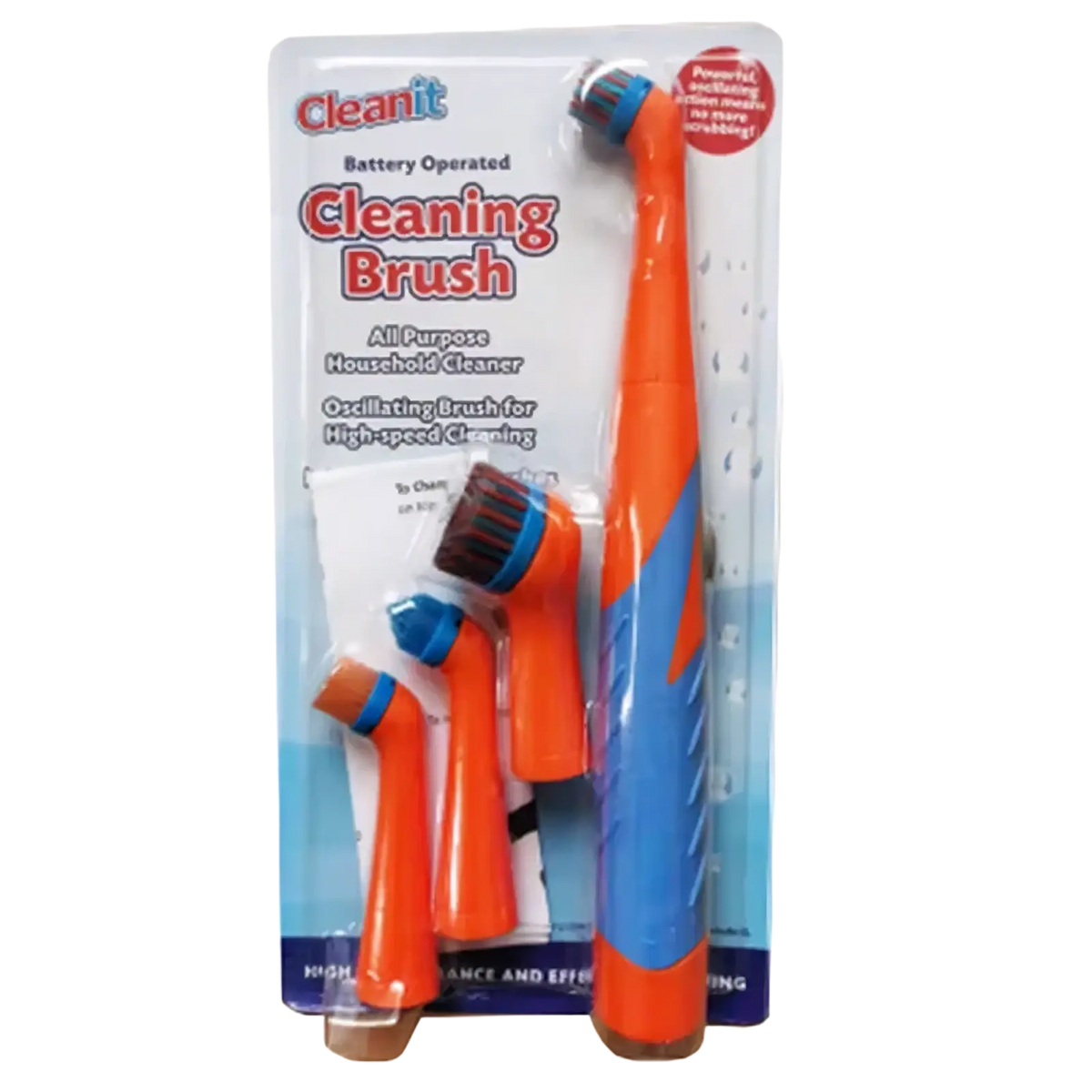 Electric spin scrubber multi surface cleaning brush kit with orange and blue battery operated brush and interchangeable heads