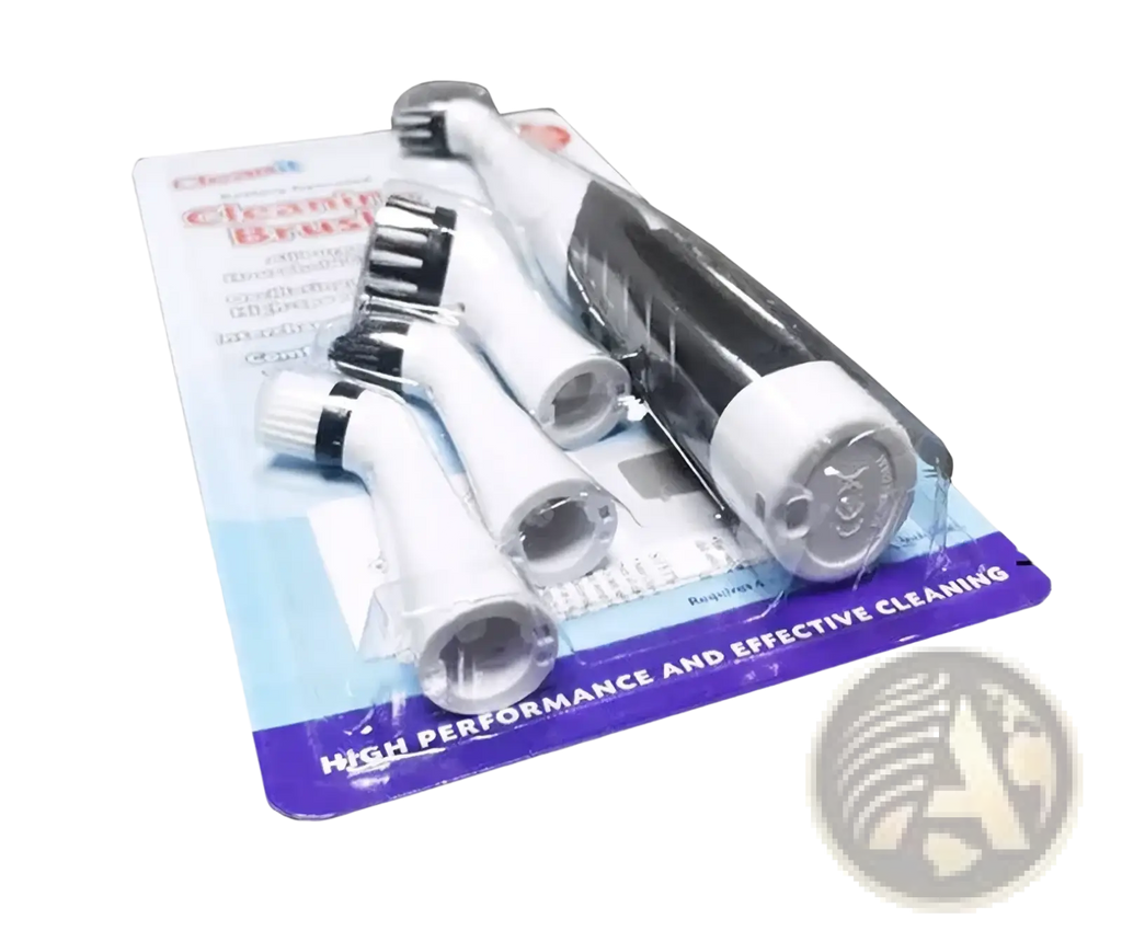 Set of white and black electric spin scrubber heads with sleek ergonomic design for multi surface cleaning use