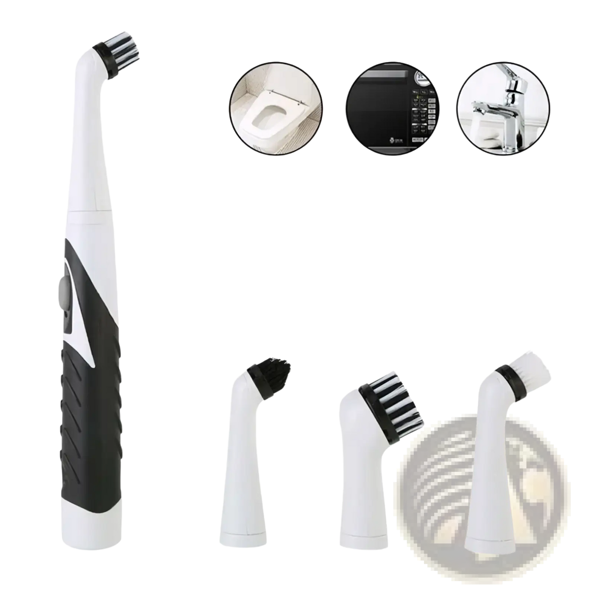 White and black electric spin scrubber with interchangeable brush heads for multi surface cleaning tasks