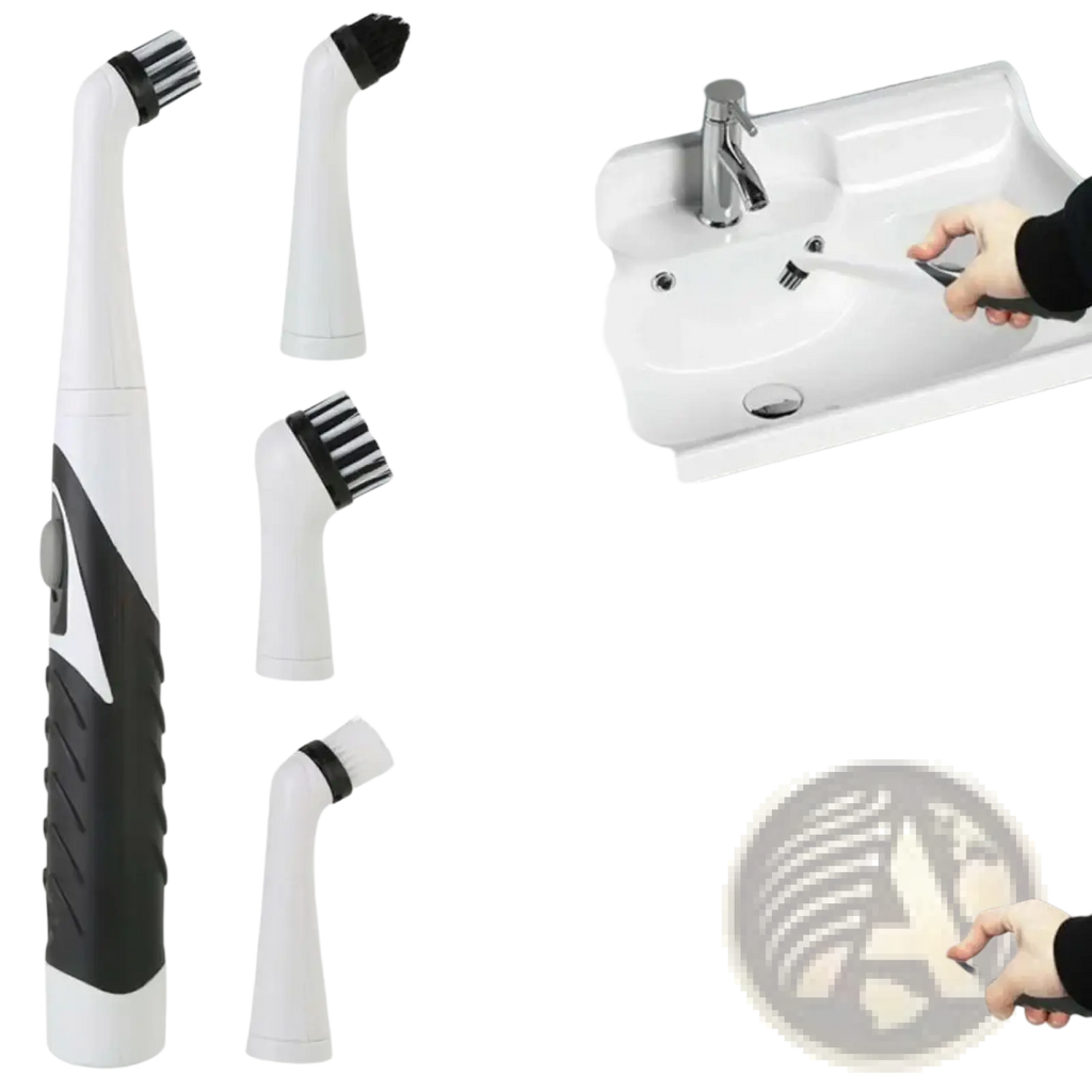 White and black electric spin scrubber with interchangeable brush heads for multi surface cleaning tasks