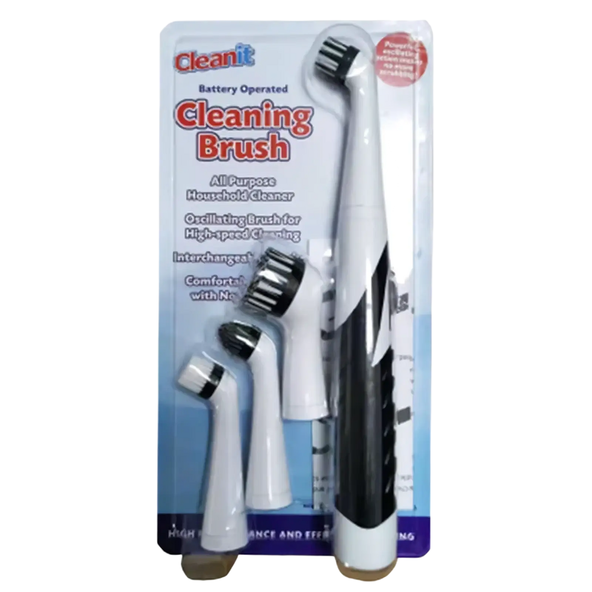 White and black electric spin scrubber multi surface cleaning brush kit with interchangeable heads in package