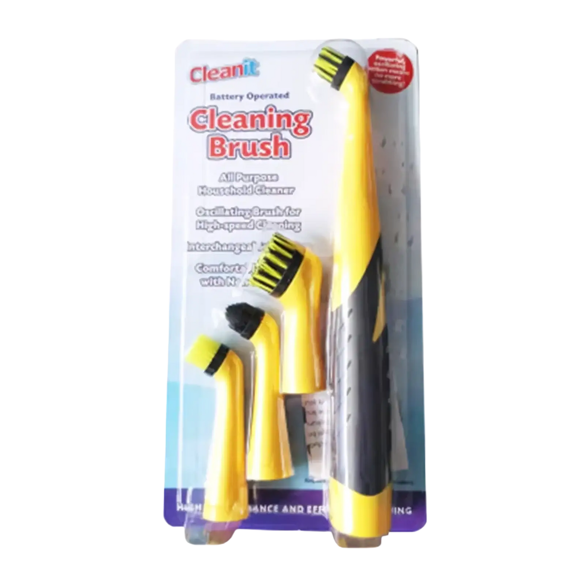Yellow and black electric spin scrubber multi surface cleaning brush kit with interchangeable heads in package