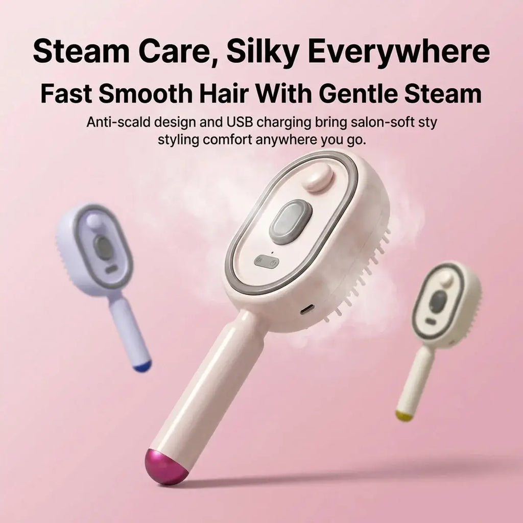 Cream-colored electric spray air cushion massage comb with pink-tipped handle and gray control buttons for gentle styling
