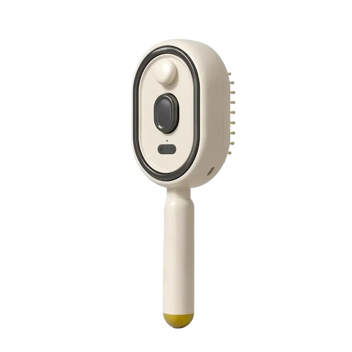 Cream-colored electric spray air cushion massage comb with black accents and yellow-tipped handle for pets