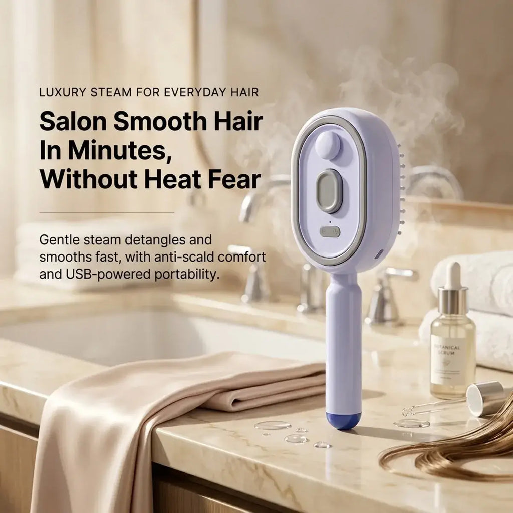 Lavender electric spray air cushion massage comb with ergonomic handle and soft bristles for hair detangling