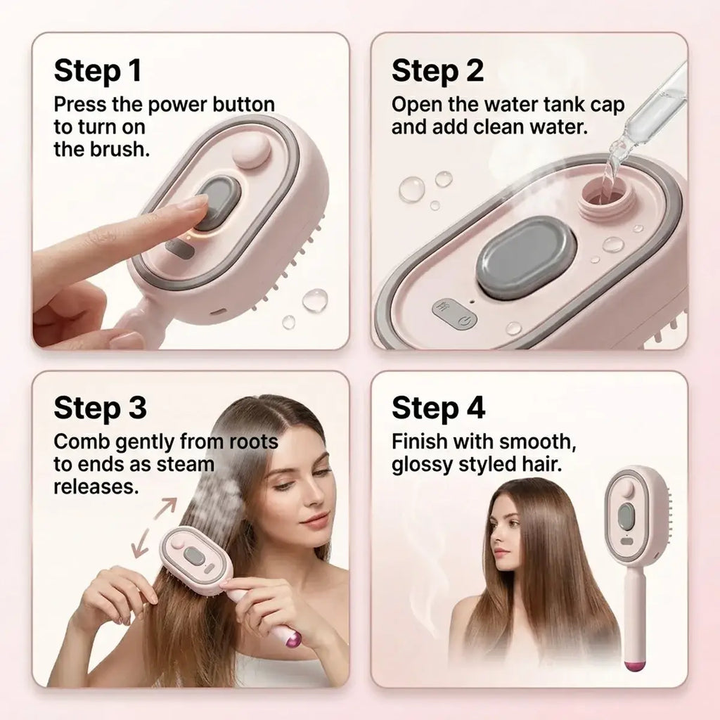 Pink and gray electric spray air cushion massage comb with sleek ergonomic design for comfortable hair styling