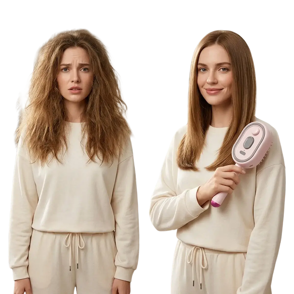 Pink handheld electric spray air cushion massage comb with sleek rounded design and soft-touch grip