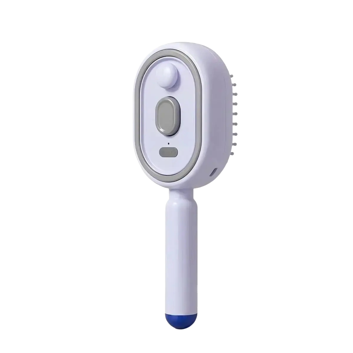 A sleek lavender electric spray air cushion massage comb with a gray control panel and blue-tipped handle