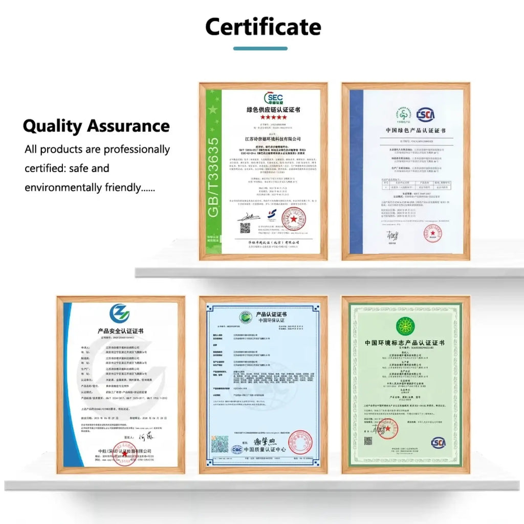 Five framed certification documents displayed on a white shelf for electric standing desk adjustable height workstation