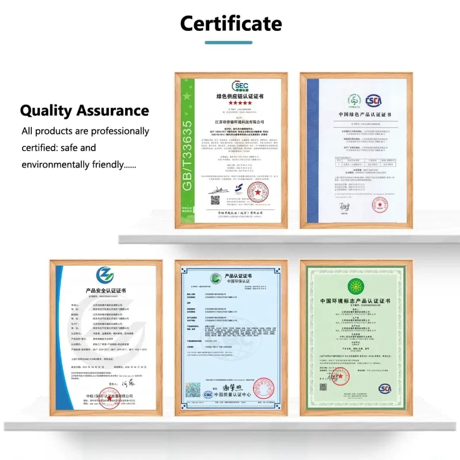 Five framed certification documents displayed on a white shelf for electric standing desk adjustable height workstation