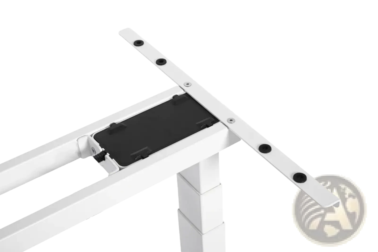 White metal electric standing desk adjustable height frame with black plastic parts and circular mounting holes