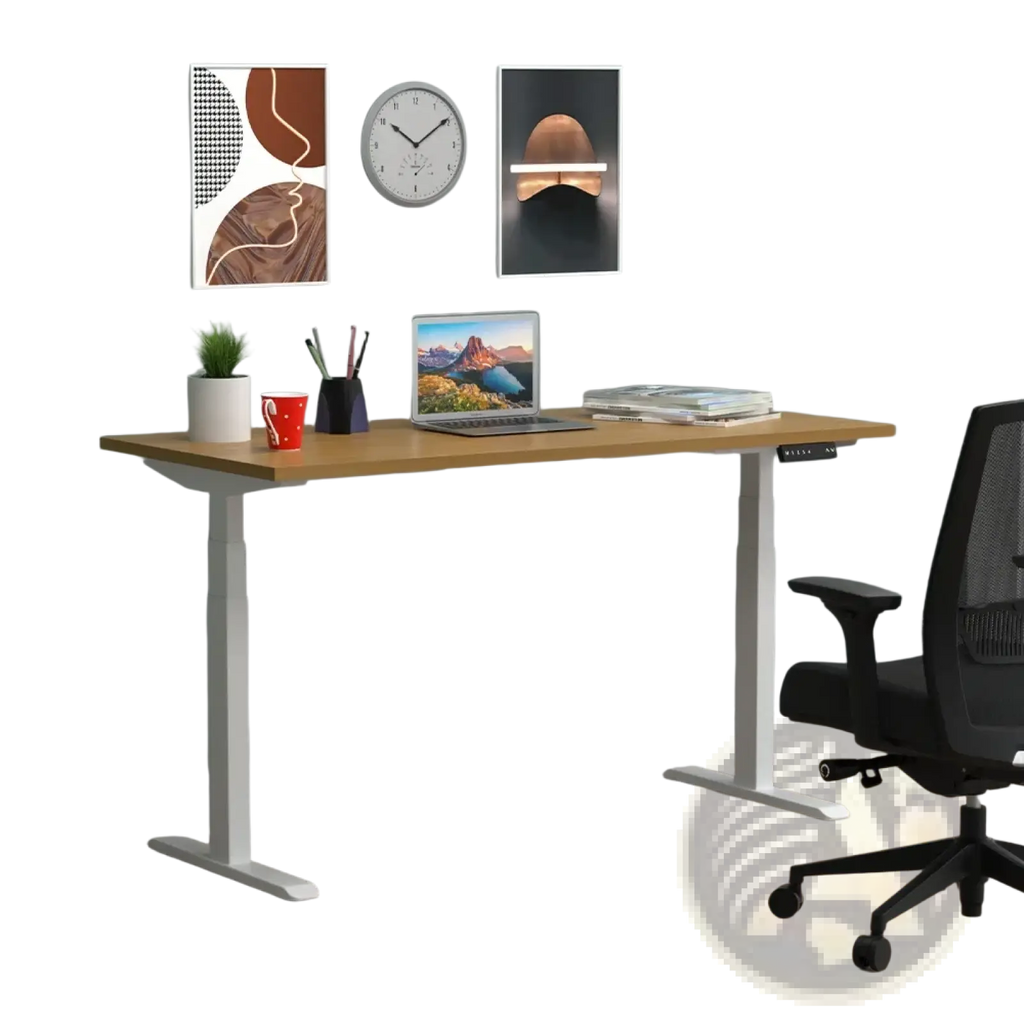 Modern electric standing desk with adjustable height, light wood top, and white metal legs for ergonomic workstation use