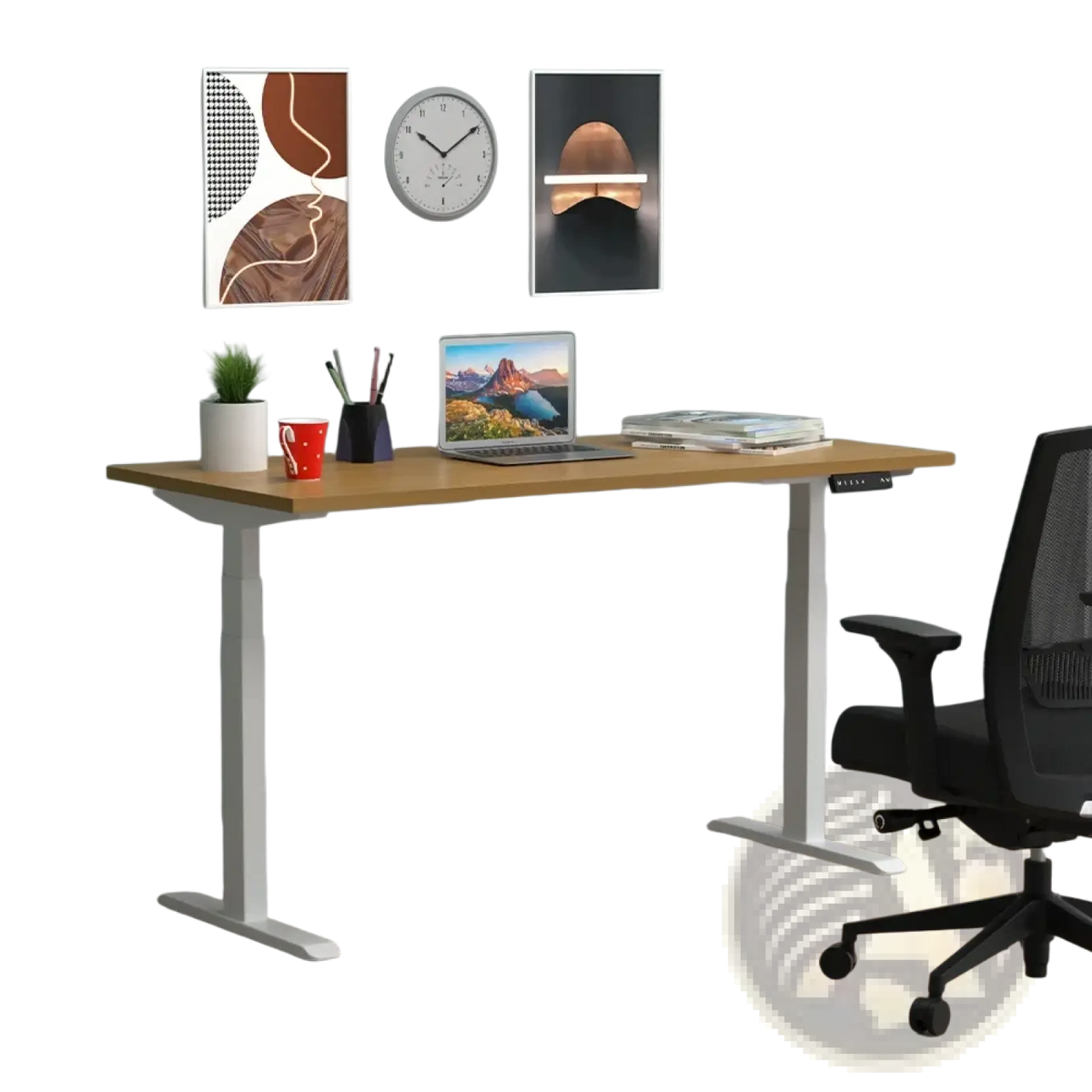 Modern electric standing desk with adjustable height, light wood top, and white metal legs for ergonomic workstation use