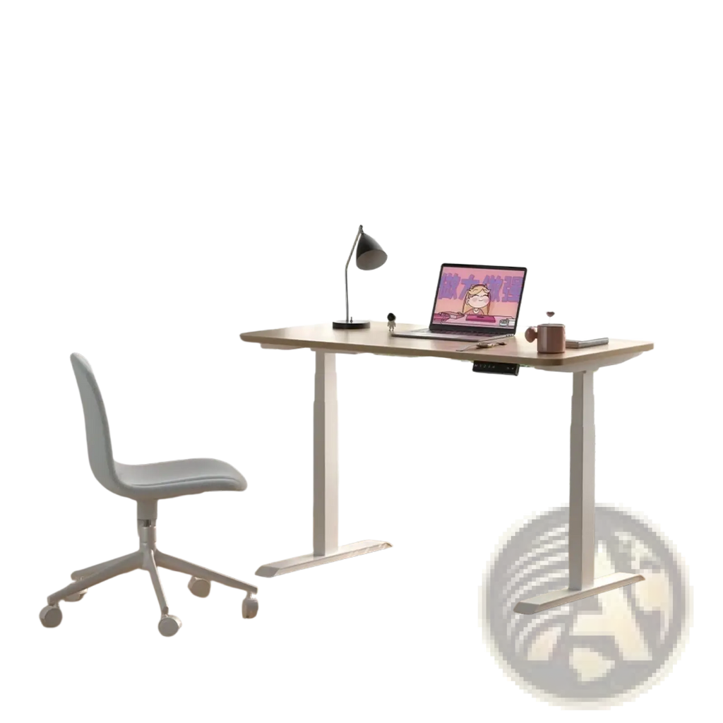 White electric standing desk with adjustable height, sleek modern design, and sturdy metal legs for workstations