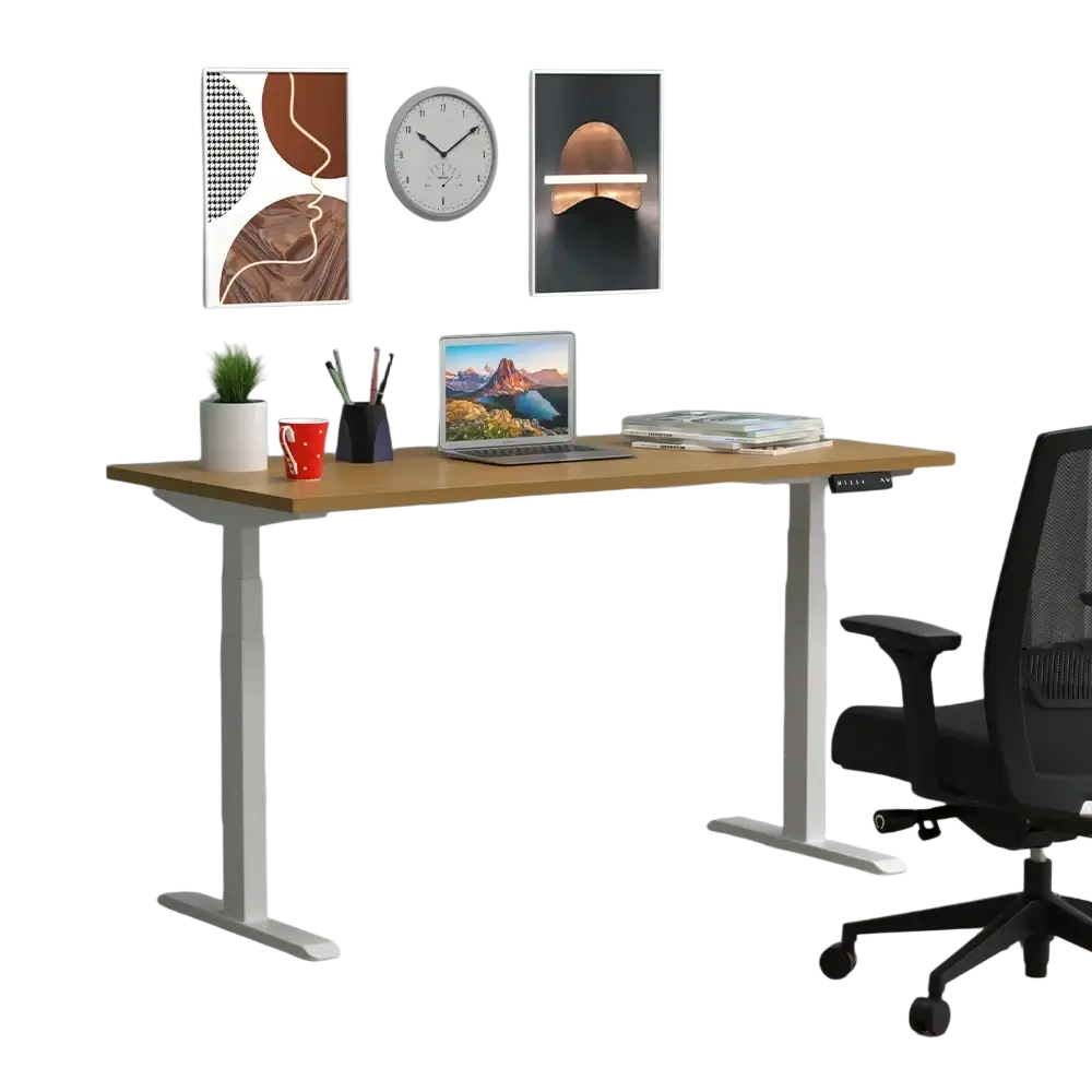 Modern electric standing desk with adjustable height, light wood top, and white metal legs for ergonomic workstation use
