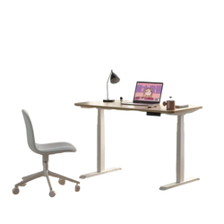 White electric standing desk with adjustable height, sleek modern design, and sturdy metal legs for workstations