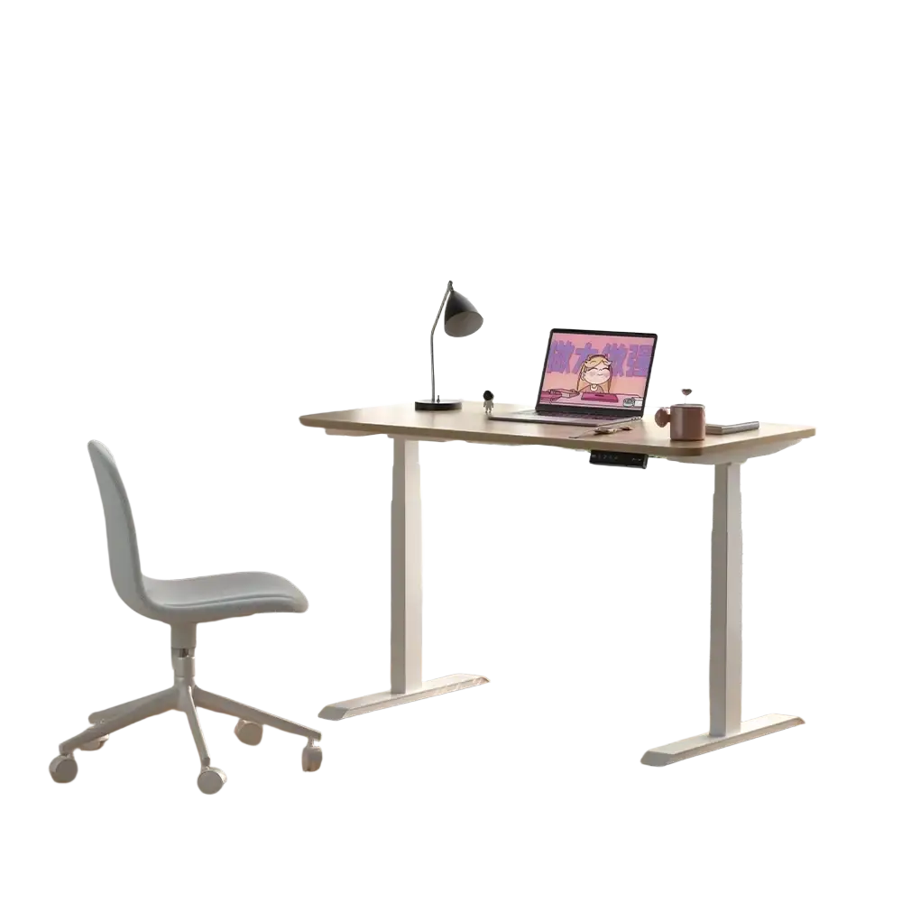 White electric standing desk with adjustable height, sleek modern design, and sturdy metal legs for workstations