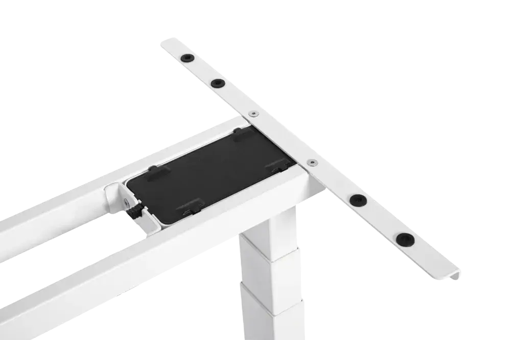 White metal electric standing desk adjustable height frame with black plastic parts and circular mounting holes