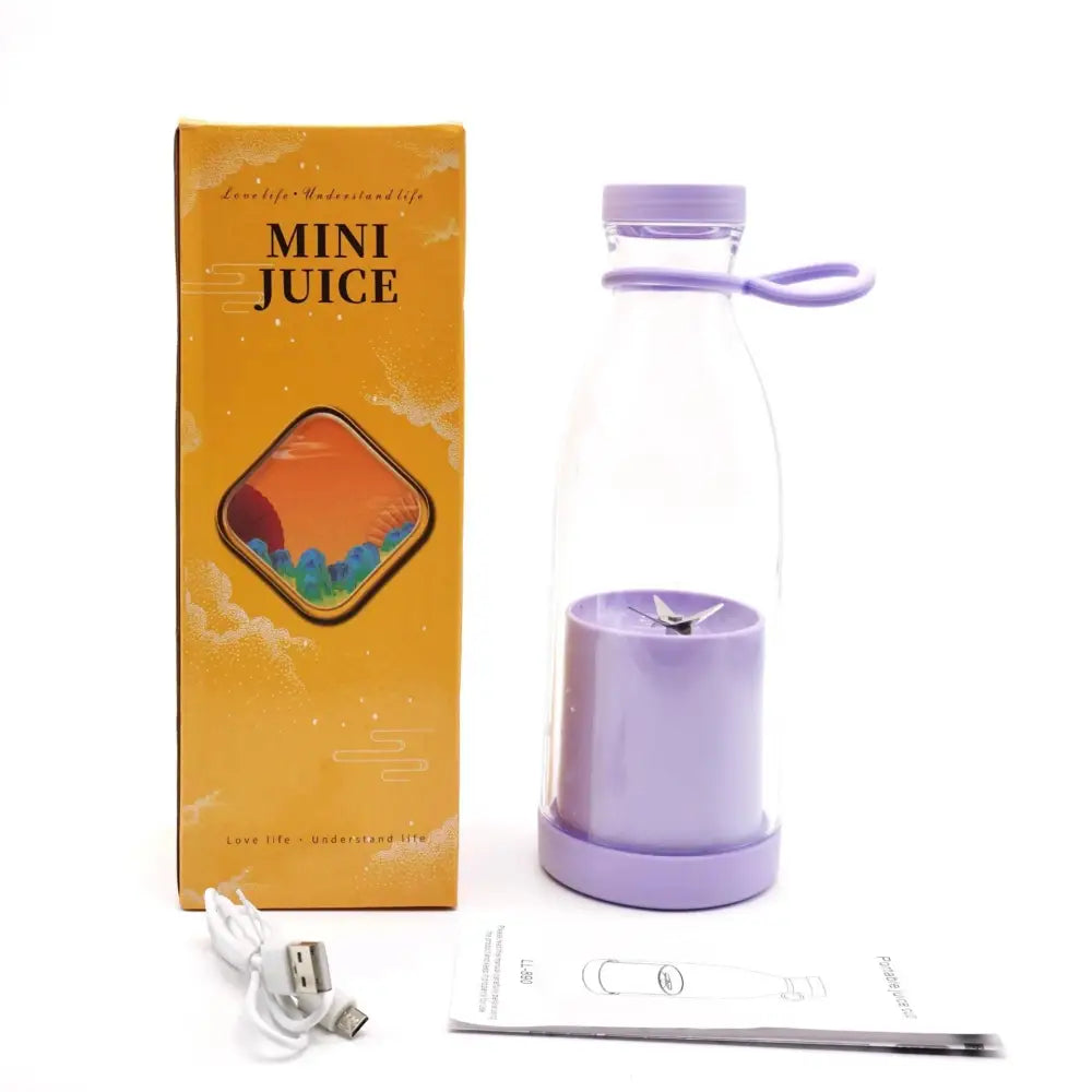 Portable usb rechargeable personal blender in purple plastic with clear glass bottle and integrated usb charging cable