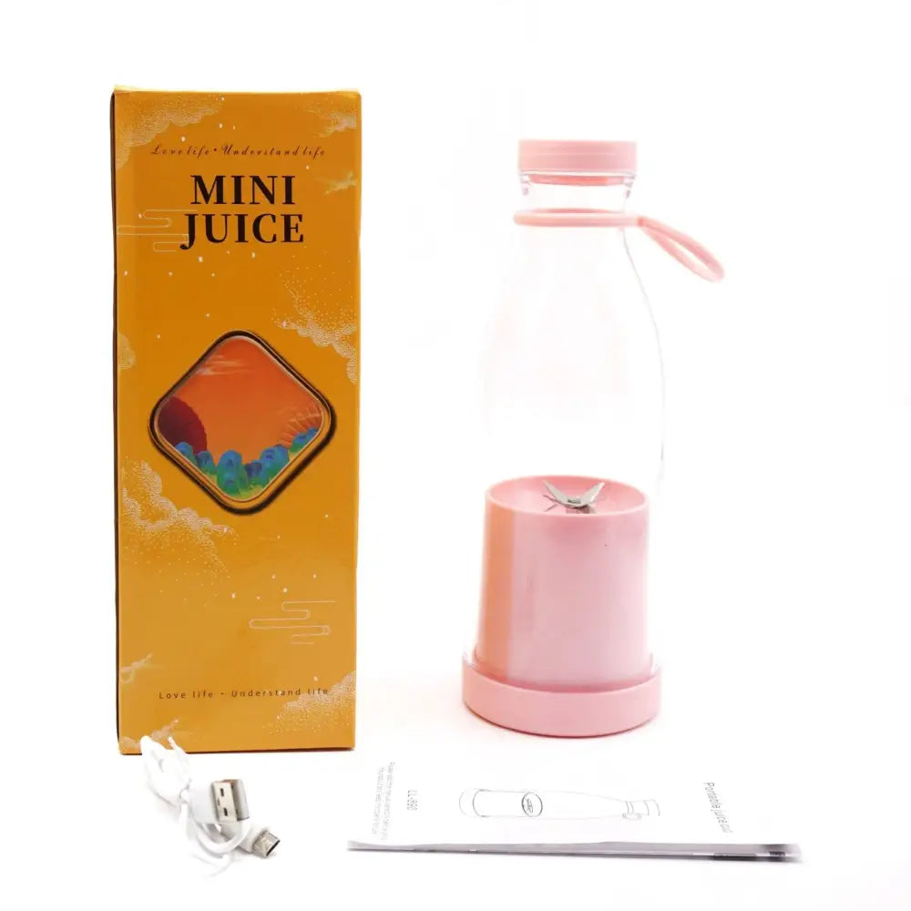 Portable usb rechargeable personal blender in pink plastic and glass with detachable lid handle and usb charging cable