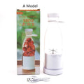 White plastic portable USB rechargeable personal blender with clear glass bottle and metal blade for juicing