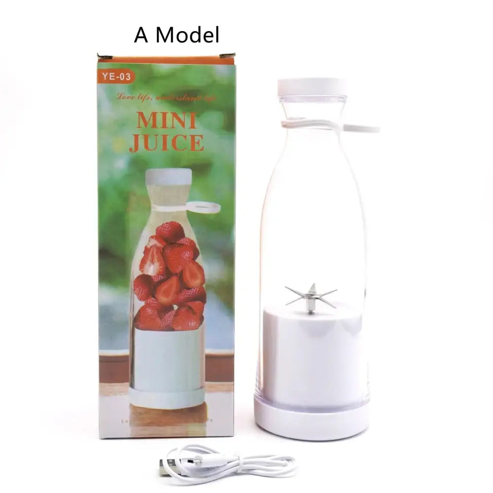 White plastic portable USB rechargeable personal blender with clear glass bottle and metal blade for juicing