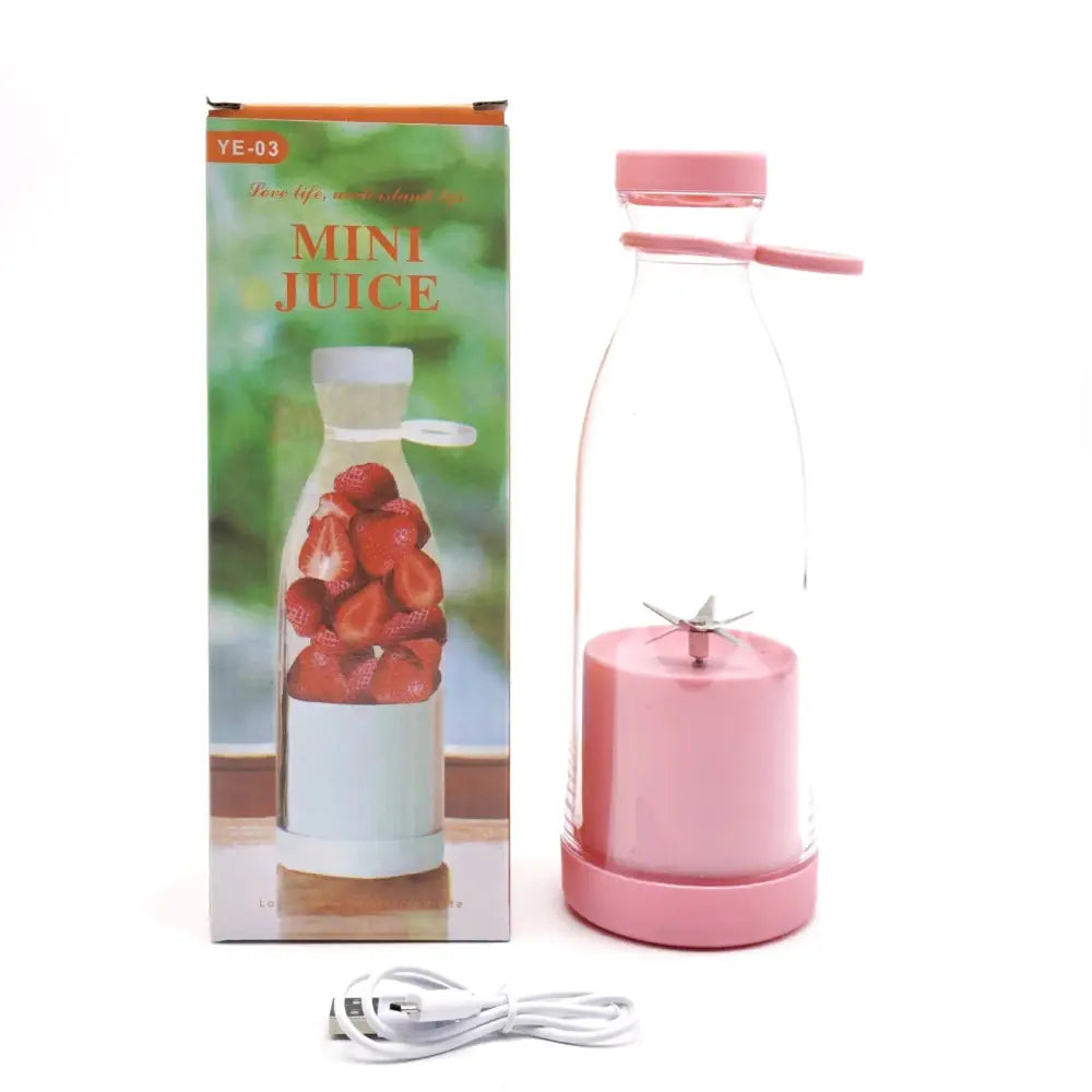 Pink plastic mini portable usb rechargeable personal blender with clear glass bottle and metal blade for juicing