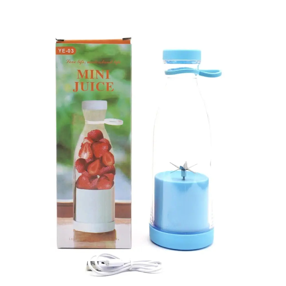 Blue plastic portable usb rechargeable personal blender with clear glass bottle and integrated blade system for juicing
