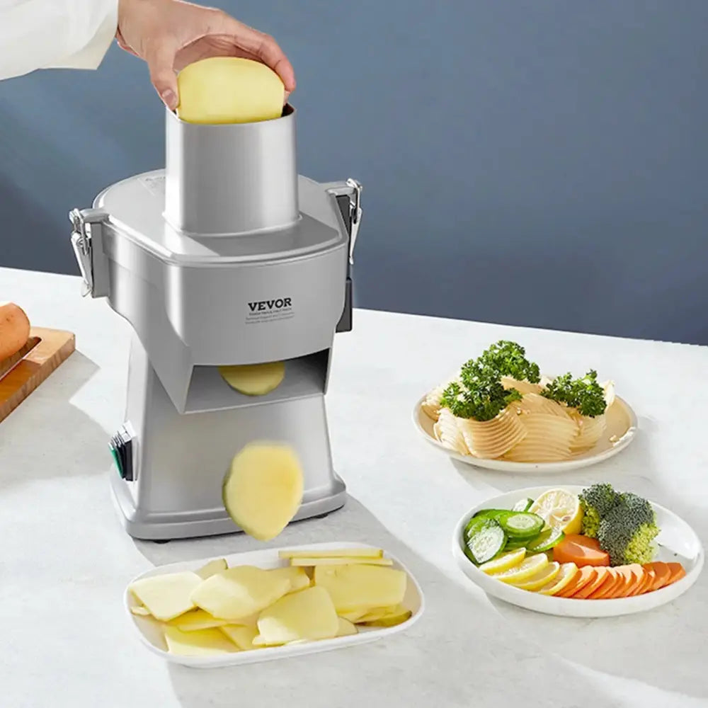 Silver Vevor 200w electric 4-in-1 vegetable slicer and dicer with cylindrical feed chute and adjustable slicing mechanism