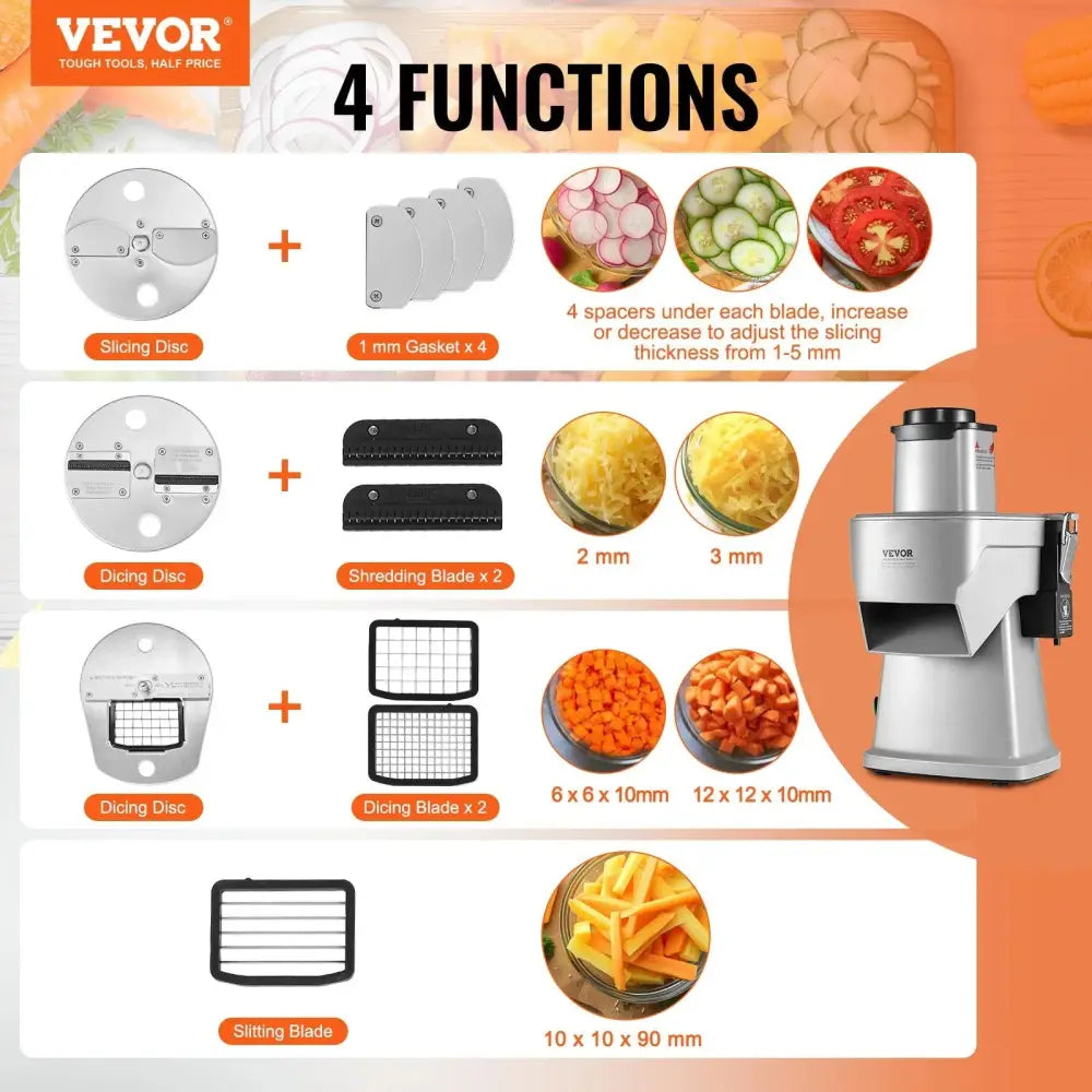Silver vevor 200w electric 4-in-1 food processor with interchangeable slicing, dicing, and shredding attachments in silver