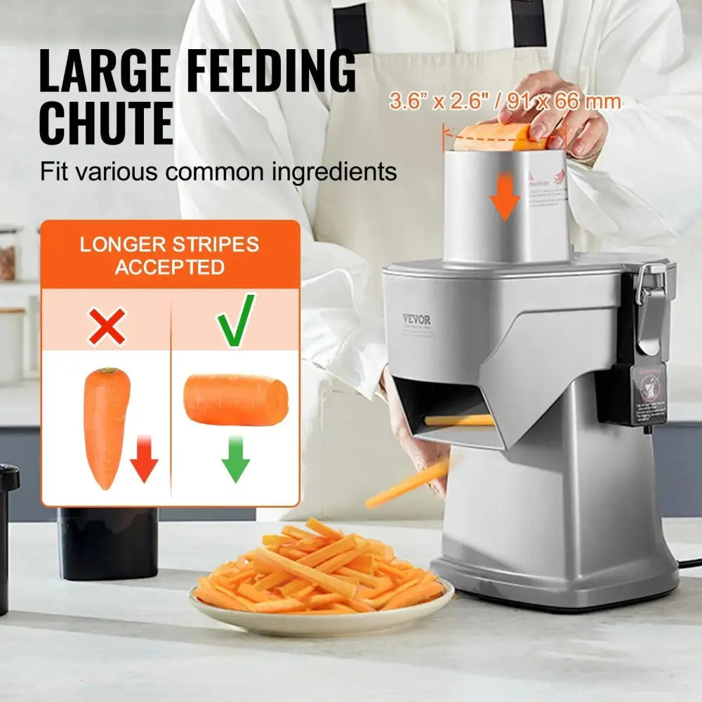 Silver vevor 200w electric 4-in-1 vegetable slicer with orange feeding chute and stainless steel blades
