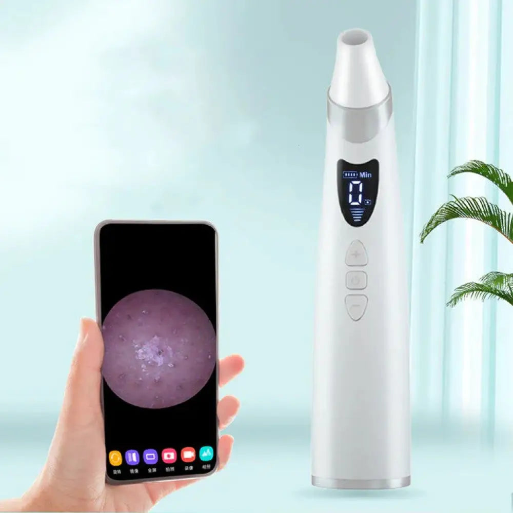 White handheld facial skin analyzer with digital display and control buttons for visual blackhead suction pore vacuum with hd camera